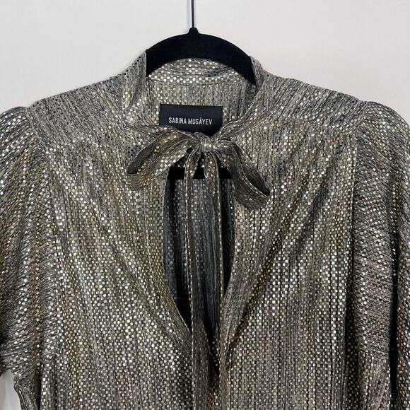 Anthropologie Sabina Musayev XS Gold Agatha Tie Neck Metallic Dress Long Sleeve - Picture 3 of 13